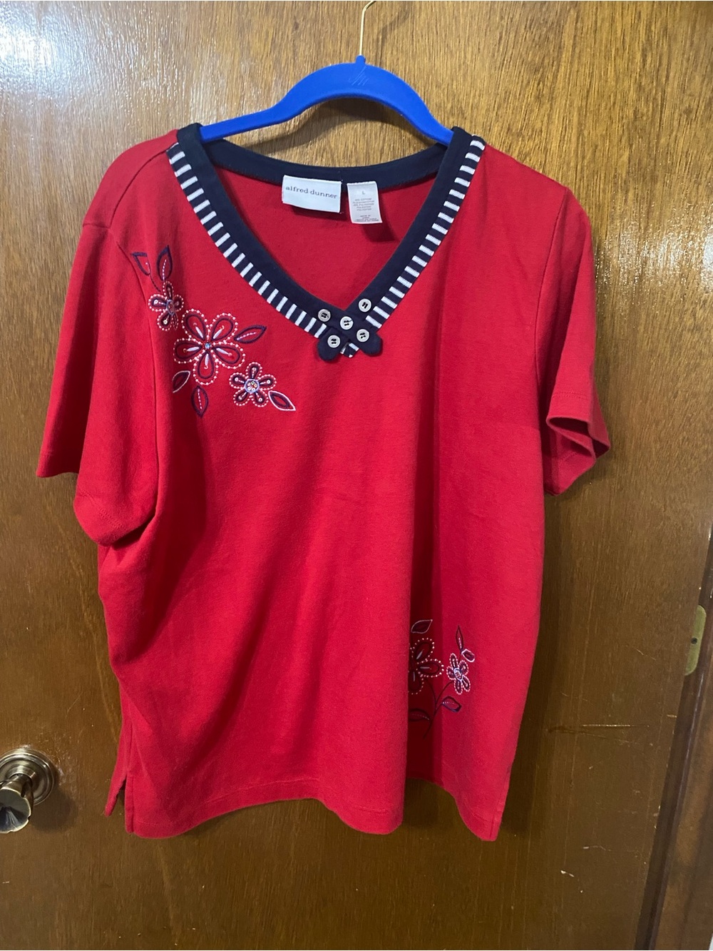 Alfred Dunner Red Short Sleeve Tee with Navy Trim & Floral Embroidery